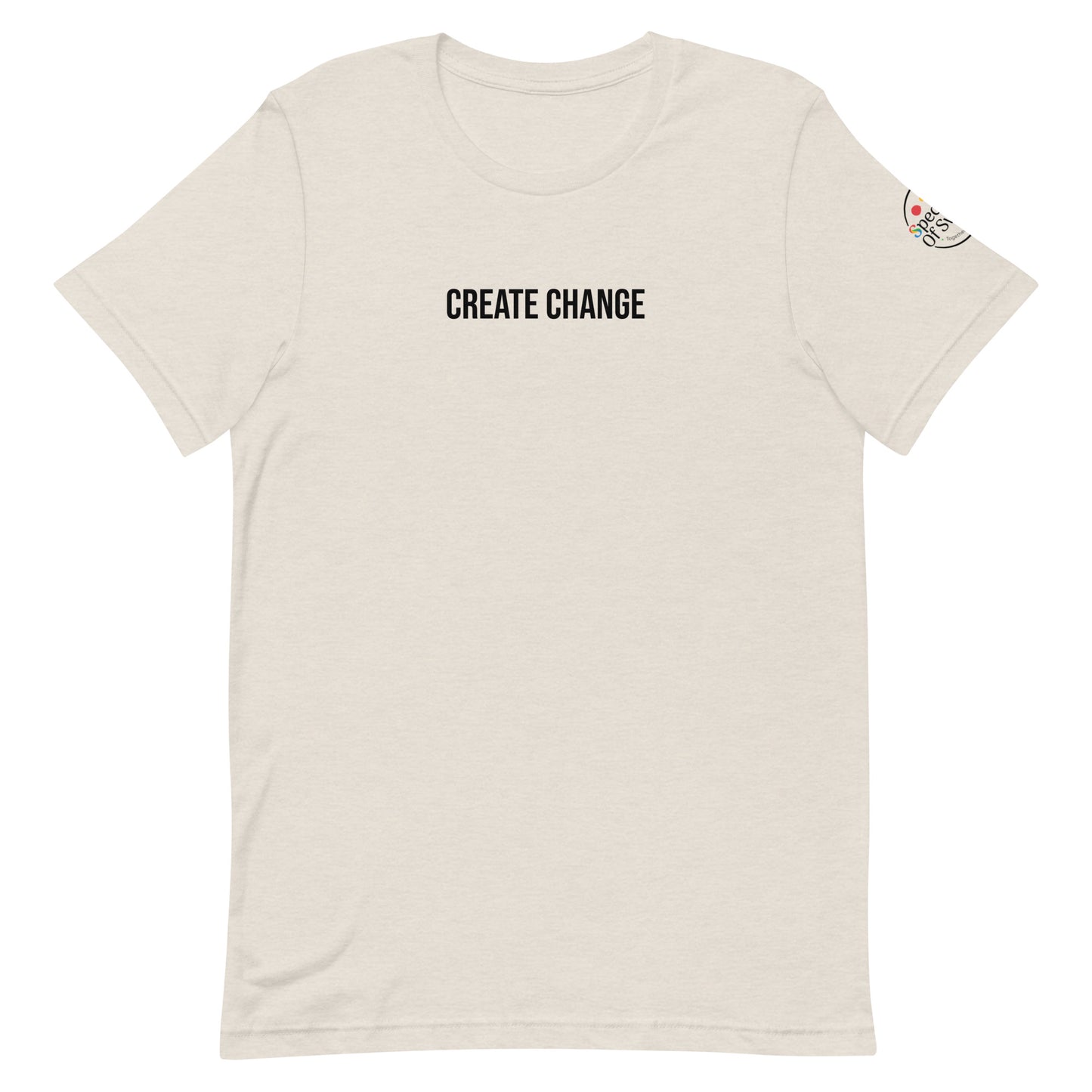 Beige t-shirt with 'CREATE CHANGE' text on a white background