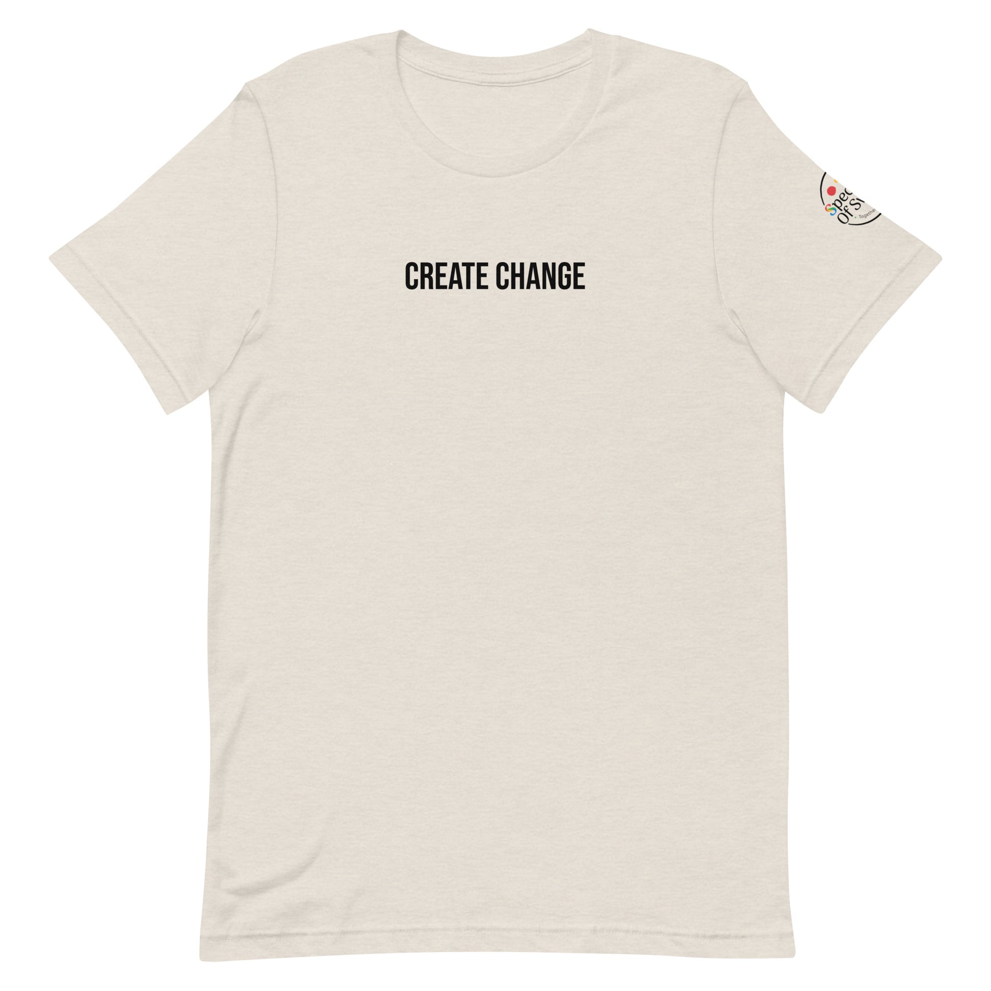 Beige t-shirt with 'CREATE CHANGE' text on a white background