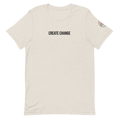 Beige t-shirt with 'CREATE CHANGE' text on a white background