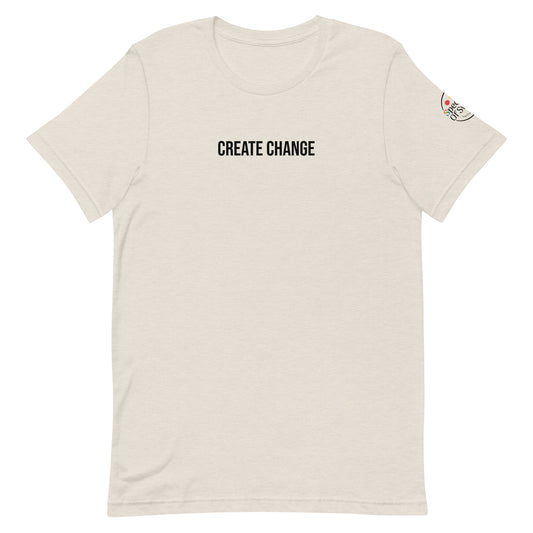 Beige t-shirt with 'CREATE CHANGE' text on a white background
