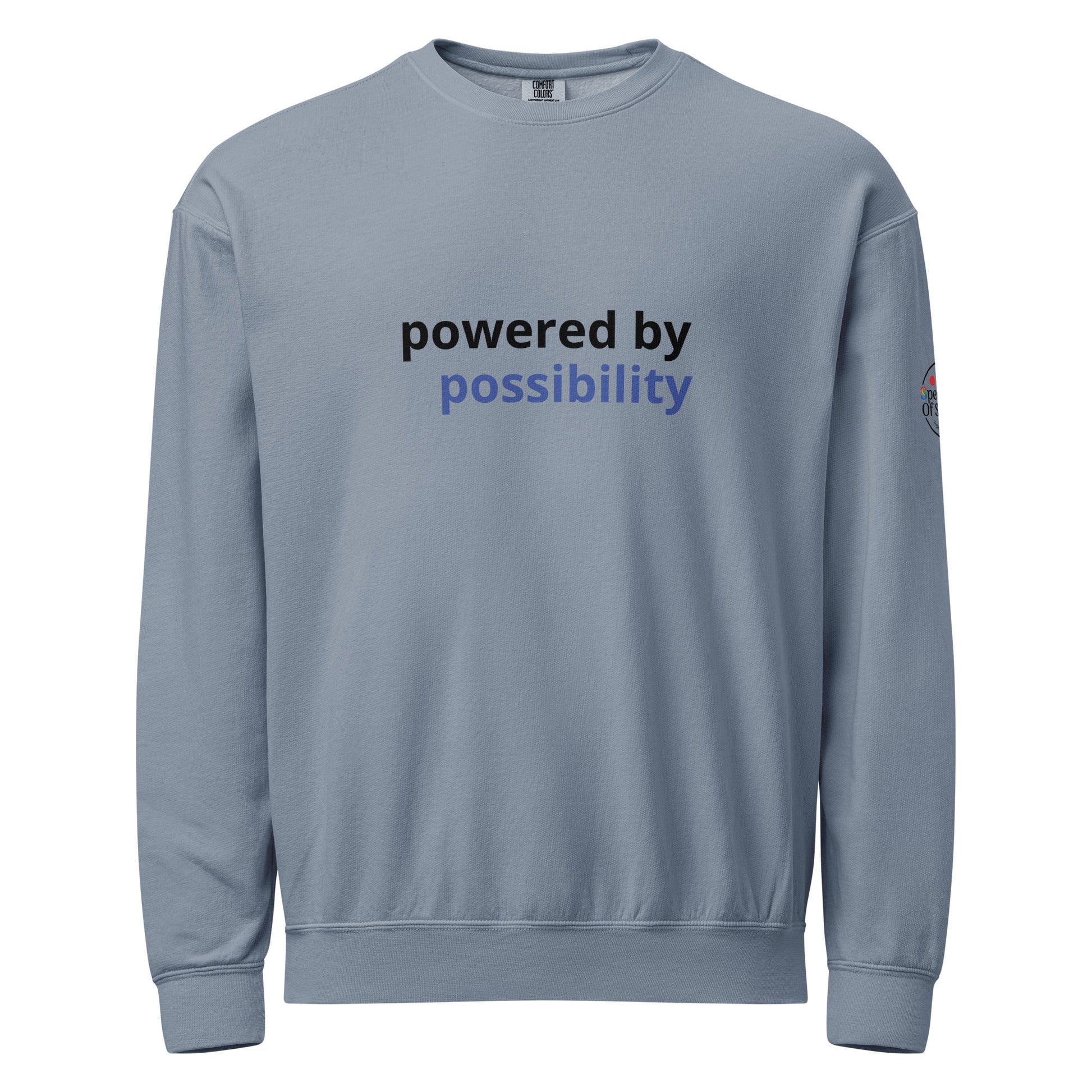 Gray sweatshirt with 'powered by possibility' text on a white background