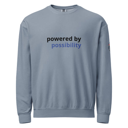 Gray sweatshirt with 'powered by possibility' text on a white background