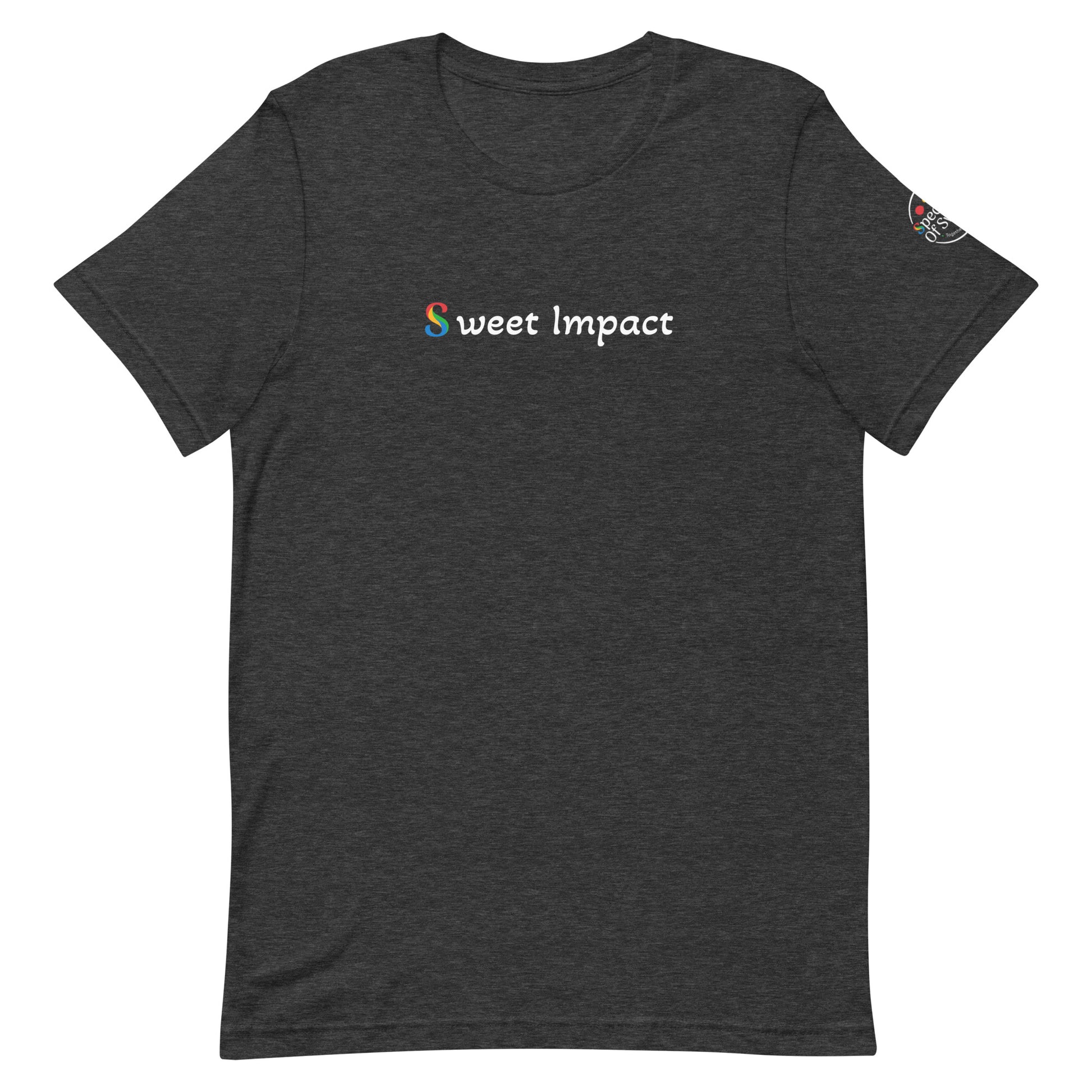 Dark gray t-shirt with 'sweet Impact' logo on a white background