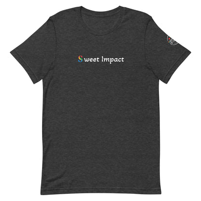 Dark gray t-shirt with 'sweet Impact' logo on a white background