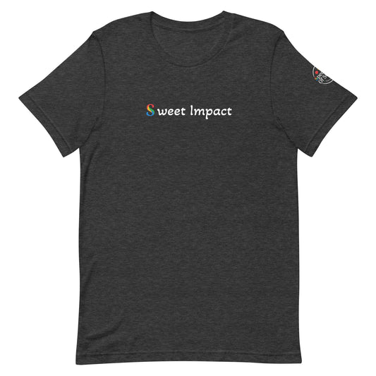 Dark gray t-shirt with 'sweet Impact' logo on a white background